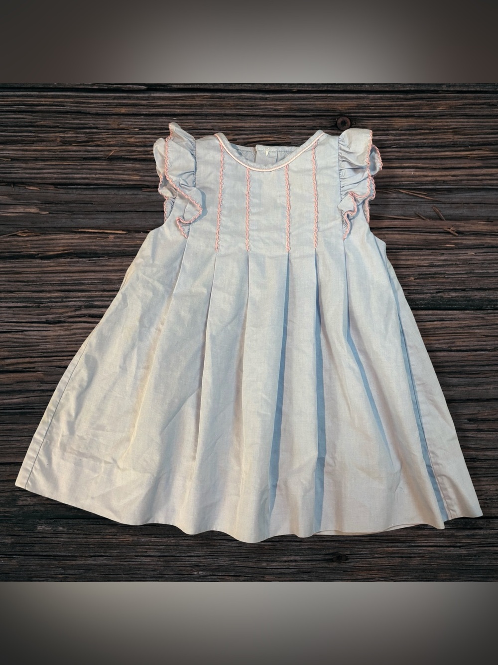 P A Classics Baby Girl Blue Pink Pintuck Ruffle Pleated Dress 9M *missing button